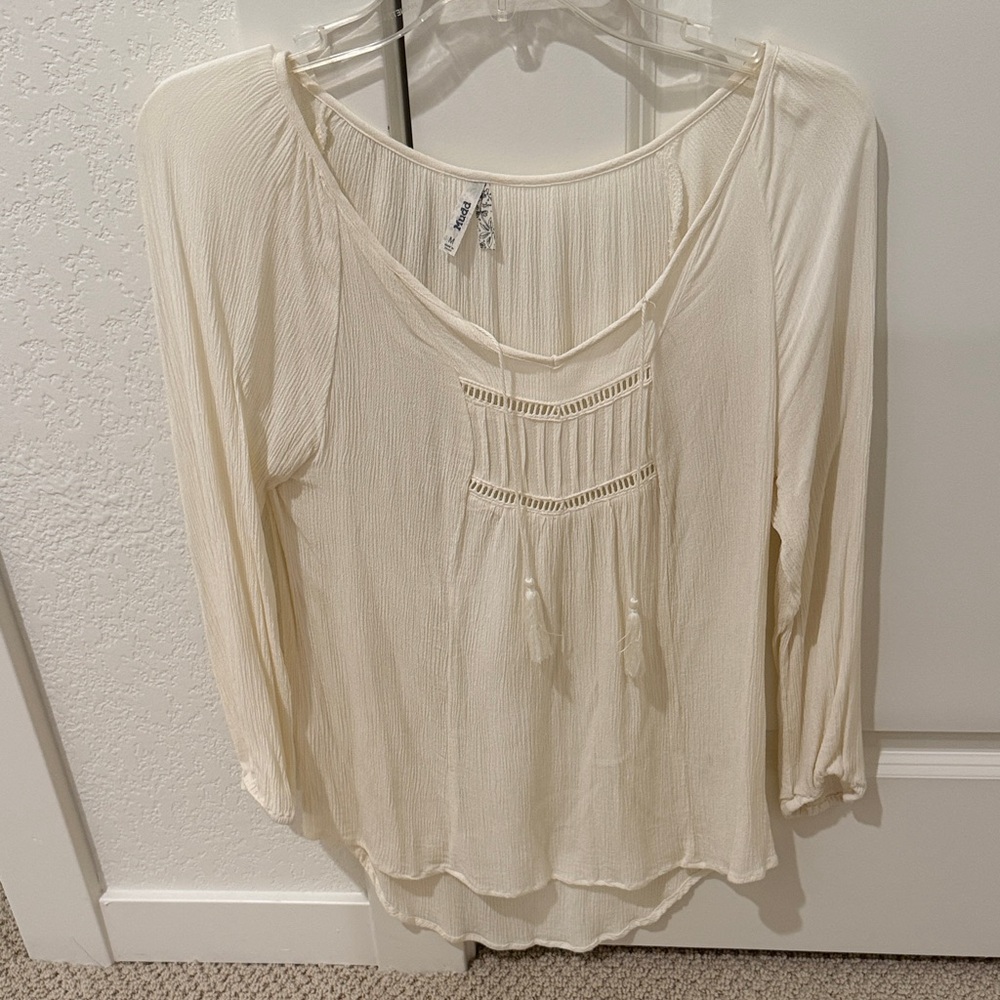 Mudd Cream Long Sleeve Blouse with Tassel Detail